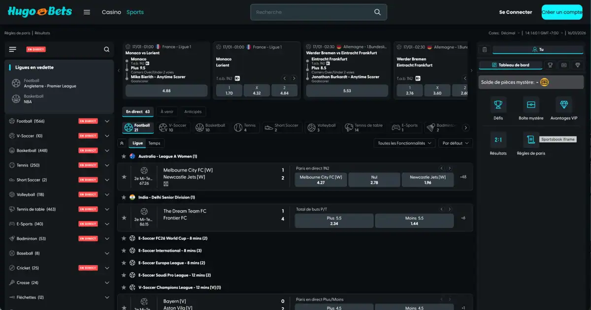 HugoBets Casino montre la plateforme de paris sportifs avec matchs en direct, cotes détaillées et interface sombre professionnelle.