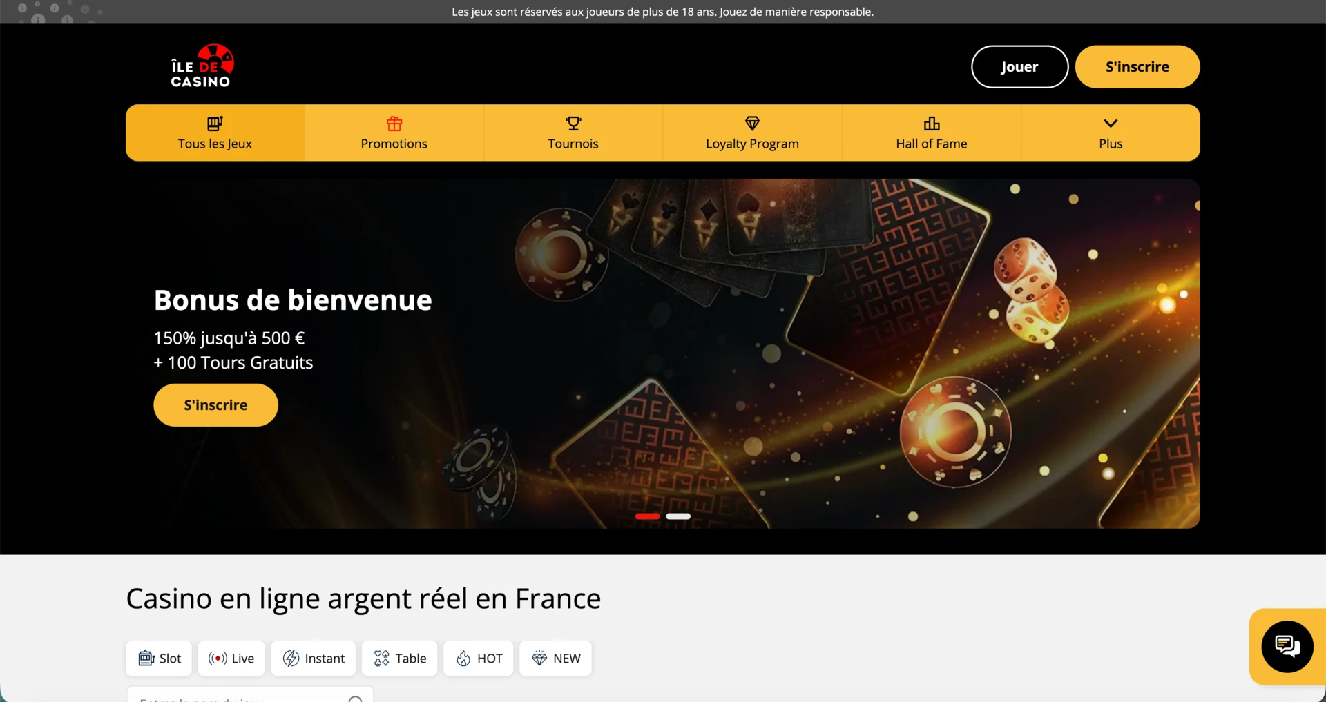Capture d&rsquo;&eacute;cran de la page d&rsquo;accueil d&rsquo;&Icirc;le de Casino pr&eacute;sentant le bonus de bienvenue, le menu de navigation et l&rsquo;acc&egrave;s aux jeux de casino en ligne