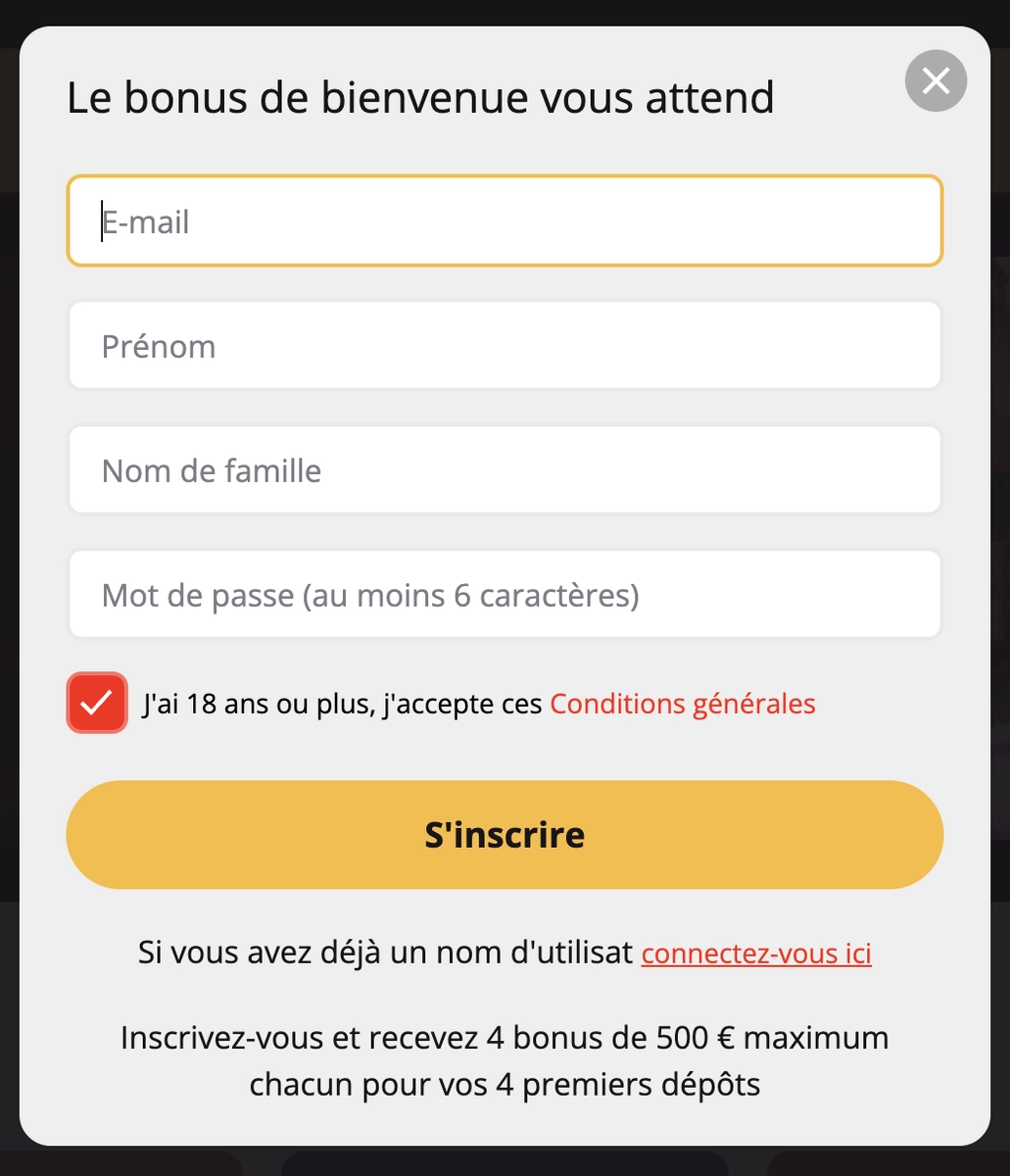 Capture d&rsquo;&eacute;cran prise sur &Icirc;le de Casino affichant le formulaire d&rsquo;inscription avec le bonus de bienvenue