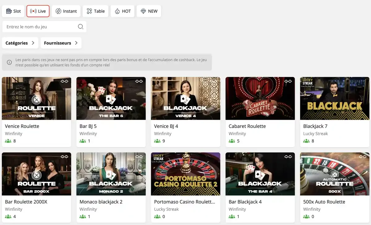 Capture d&rsquo;&eacute;cran prise sur &Icirc;le de Casino pr&eacute;sentant les jeux de casino en direct comme la roulette et le blackjack