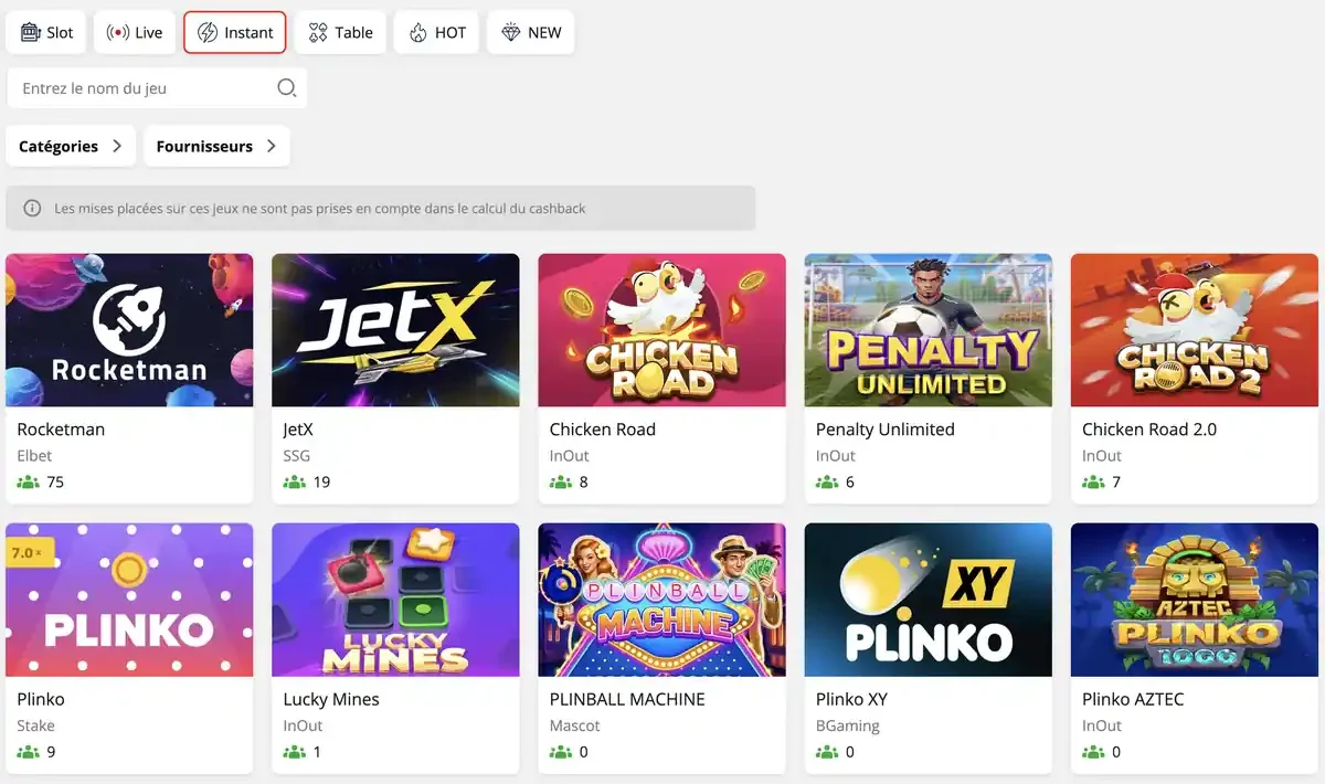 Capture d&rsquo;&eacute;cran prise sur &Icirc;le de Casino montrant la cat&eacute;gorie des jeux instantan&eacute;s et mini-jeux tels que JetX, Chicken Road et Plinko