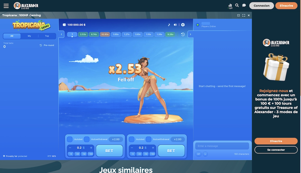 capture d'écran du jeu de casino Tropicana sur le site de Alexander Casino en français