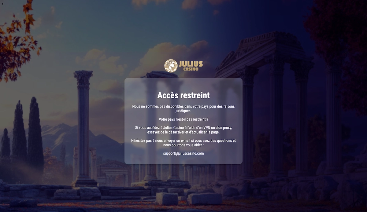 capture d'écran qui montre le message qui annonce que Julius Casino est fermé