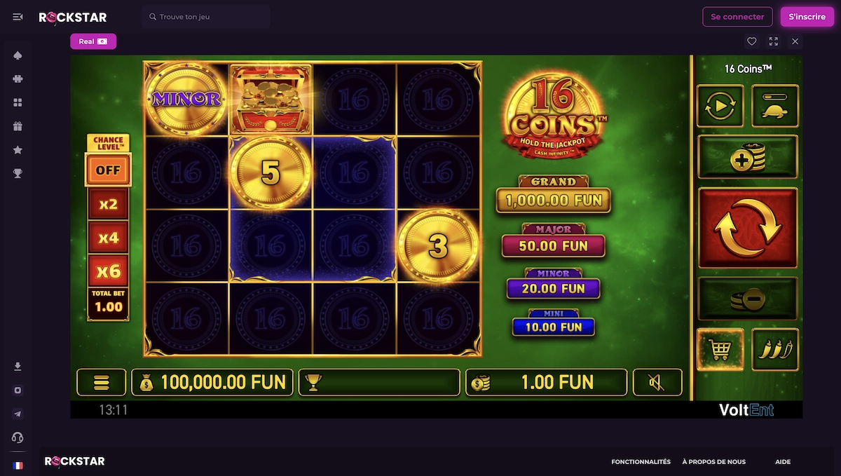 capture d'&eacute;cran du mode d&eacute;mo de la machine &agrave; sous 16 coins de Wazdan sur le casino en ligne Rockstar