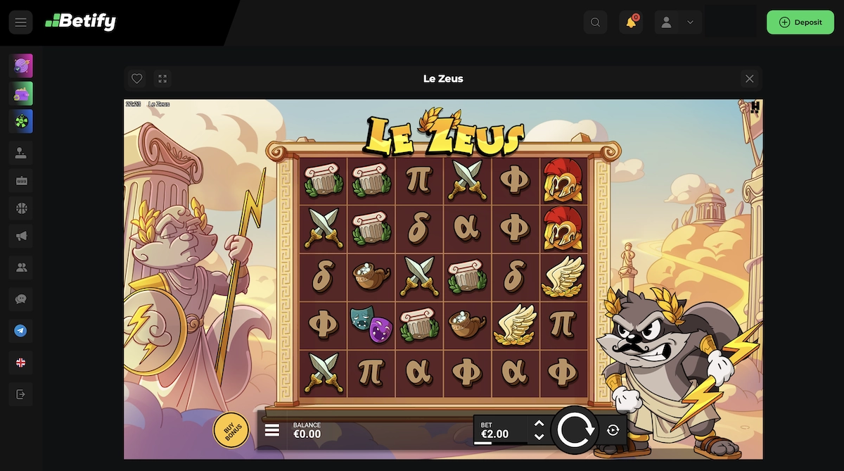 Machine &agrave; sous Le Zeus sur Betify Casino avec rouleaux orn&eacute;s de symboles mythologiques et personnage Zeus arm&eacute; d&rsquo;un &eacute;clair