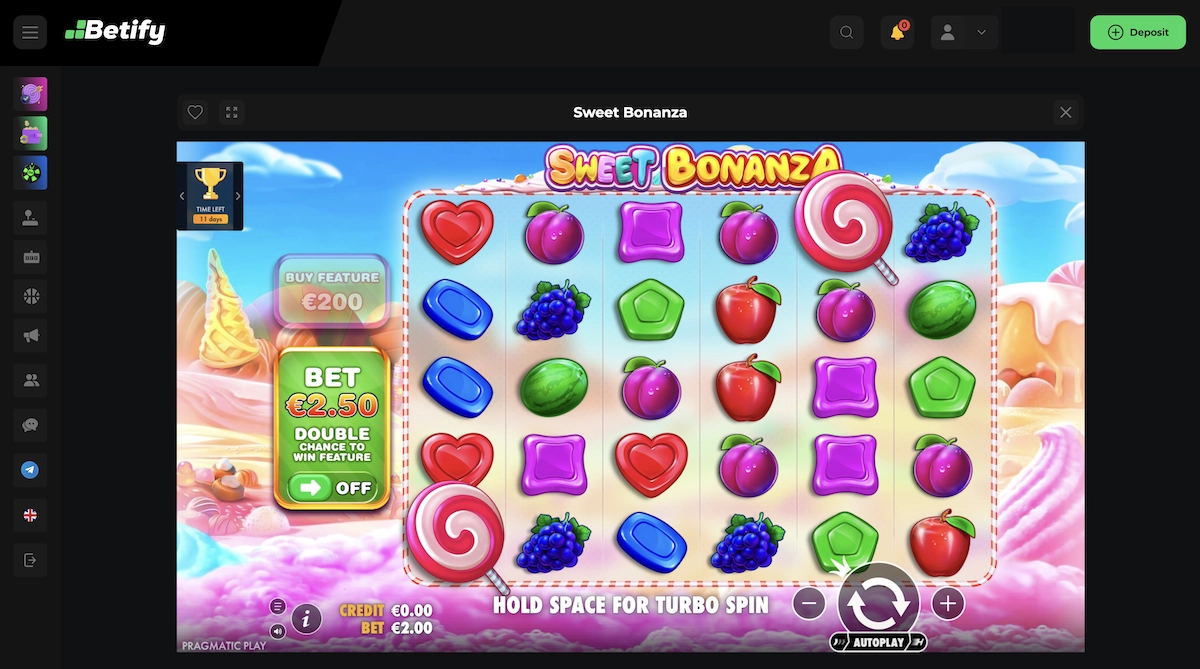 Écran de la machine à sous Sweet Bonanza sur Betify Casino avec symboles de fruits colorés et lollipop scatter