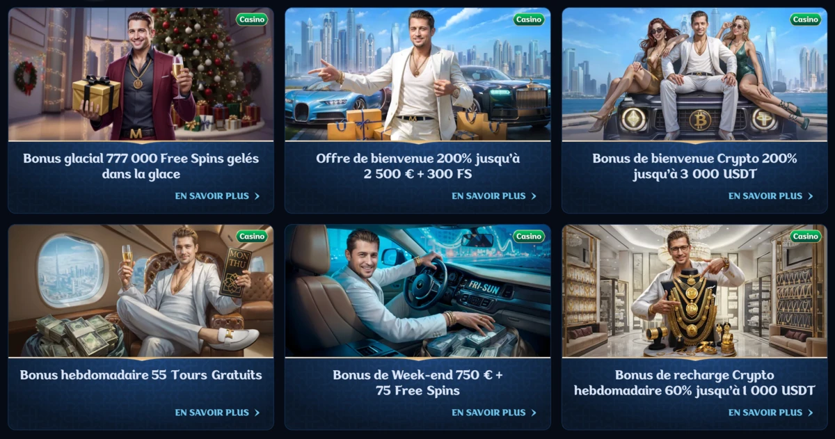 capture d'&eacute;cran montrant les diff&eacute;rents bonus du casino en ligne millioner