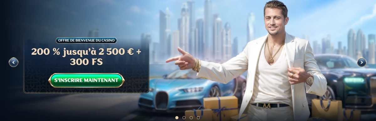 bonus de bienvenue de Millioner Casino avec la banni&egrave;re du bonus 200 % et un personnage devant des voitures de luxe