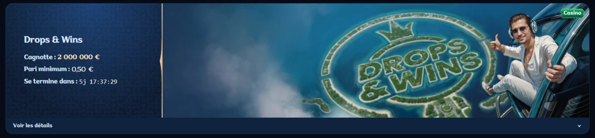 Banni&egrave;re Drops & Wins sur Millioner Casino avec la cagnotte de 2 millions d&rsquo;euros et un personnage en avion