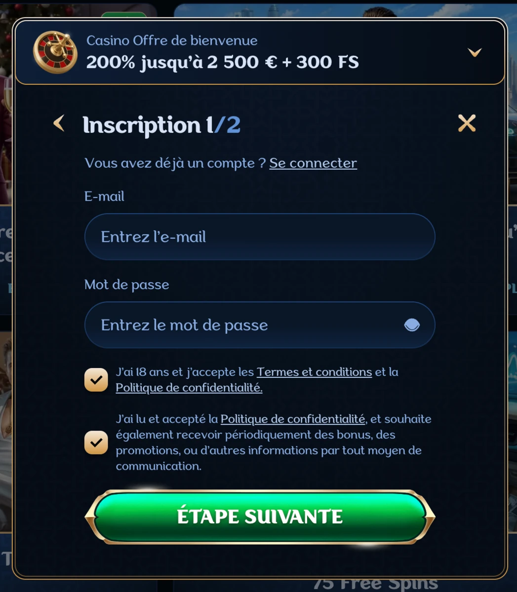 Formulaire d&rsquo;inscription de Millioner Casino affichant les champs courriel et mot de passe avec cases d&rsquo;acceptation