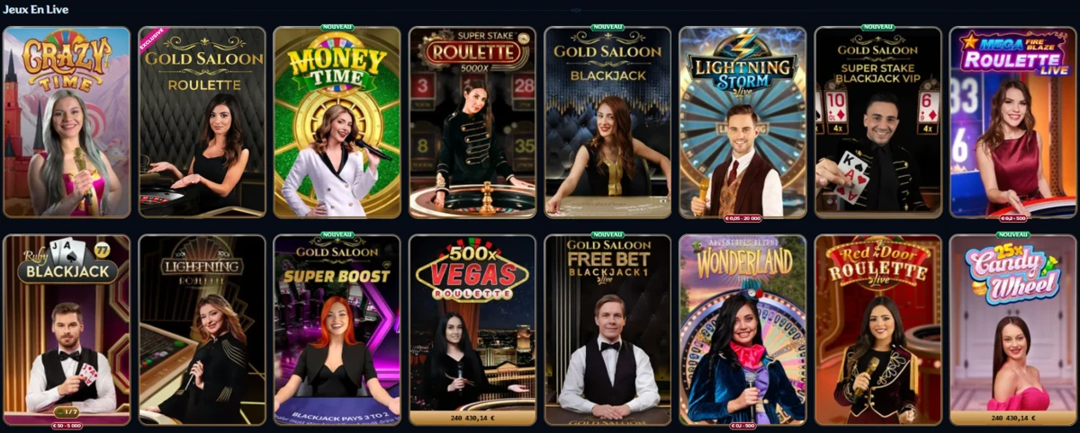 S&eacute;lection de jeux en direct sur Millioner Casino incluant Crazy Time, Money Time, blackjack et roulettes live