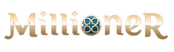 Logo officiel de Millioner Casino avec typographie dor&eacute;e et motif bleu central