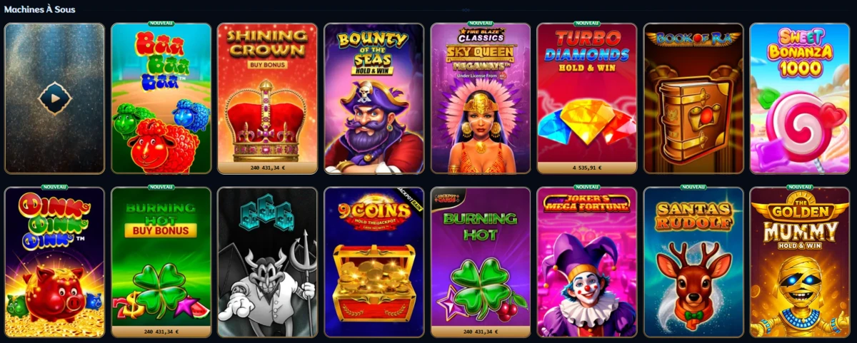 Page des machines &agrave; sous de Millioner Casino affichant plusieurs jeux populaires comme Sweet Bonanza et Burning Hot