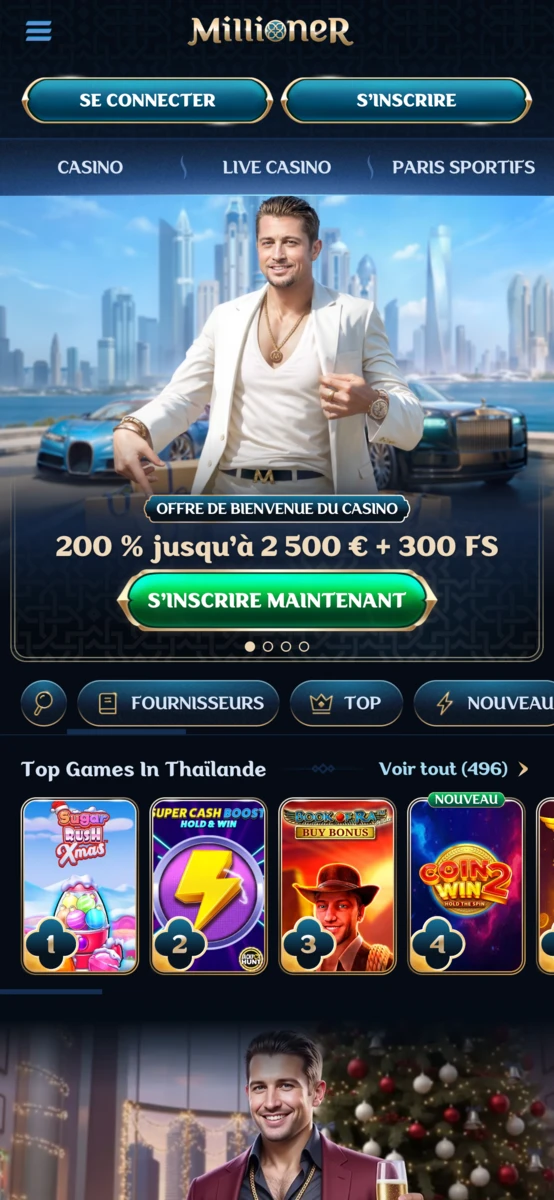 Interface mobile de Millioner Casino montrant le bonus de bienvenue, les cat&eacute;gories et les jeux favoris du joueur