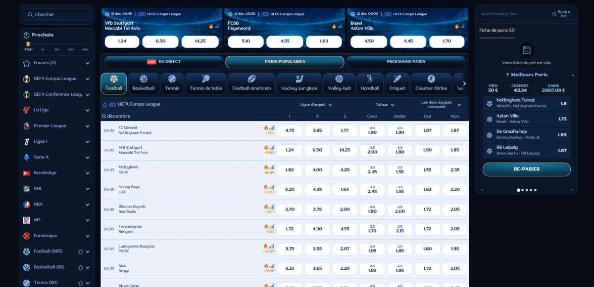 Section paris sportifs de Millioner Casino avec les comp&eacute;titions, les cotes en direct et les options de pari affich&eacute;es