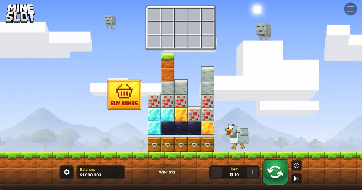 Capture d&rsquo;&eacute;cran de Mine Slot : grille de blocs &agrave; miner avec coffres en bas, bouton Buy Bonus et bouton de spin, mise r&eacute;glable et gains affich&eacute;s.