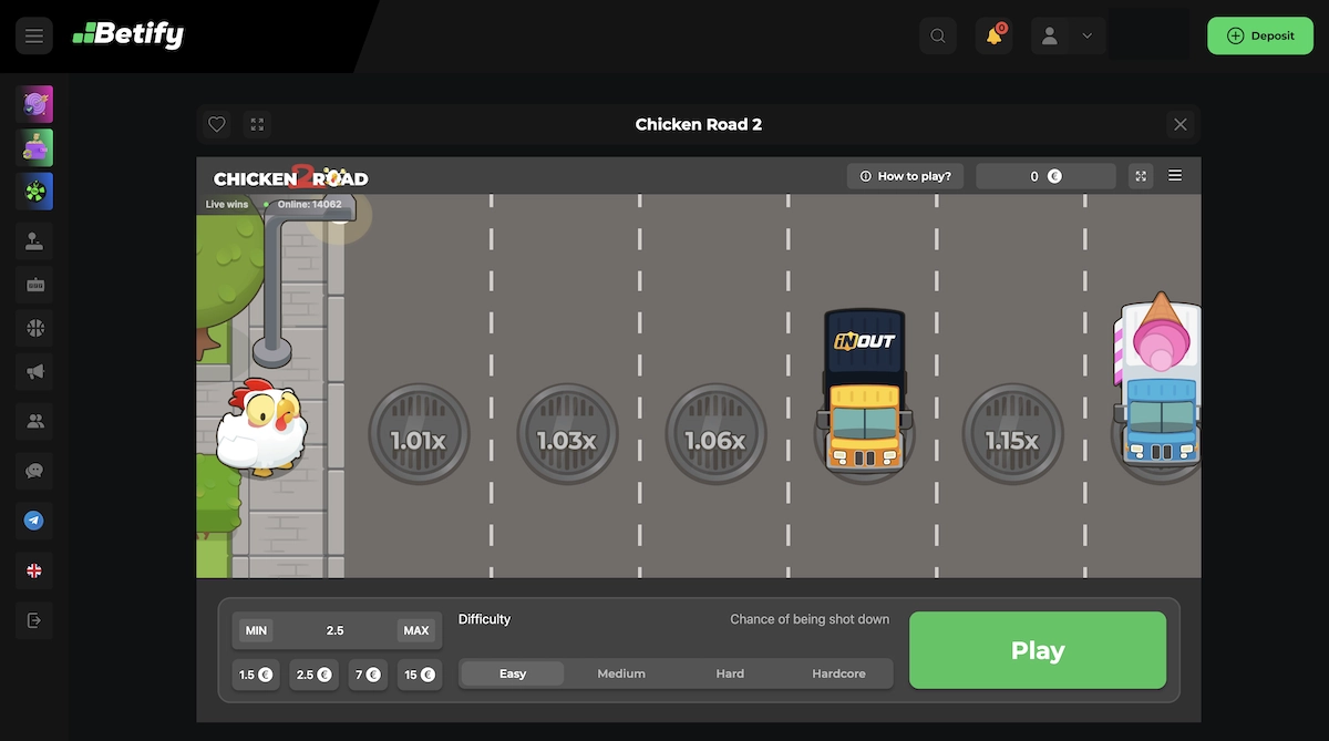 Mini-jeu Chicken Road 2 sur Betify Casino avec un poulet traversant la route face &agrave; des voitures color&eacute;es