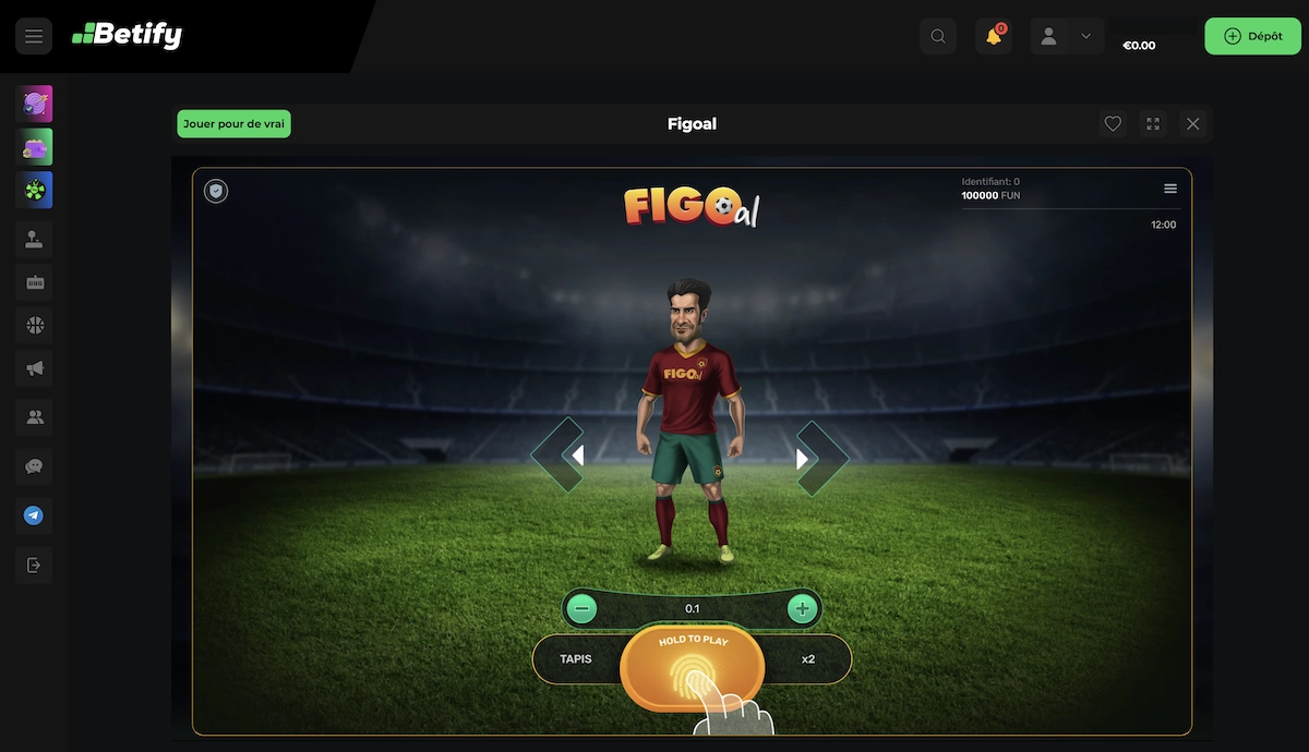 Interface de jeu du mini jeu Figoal de Galaxsys montrant un personnage caricatural de footballeur sur un terrain de stade, avec boutons de mise et commandes de jeu.