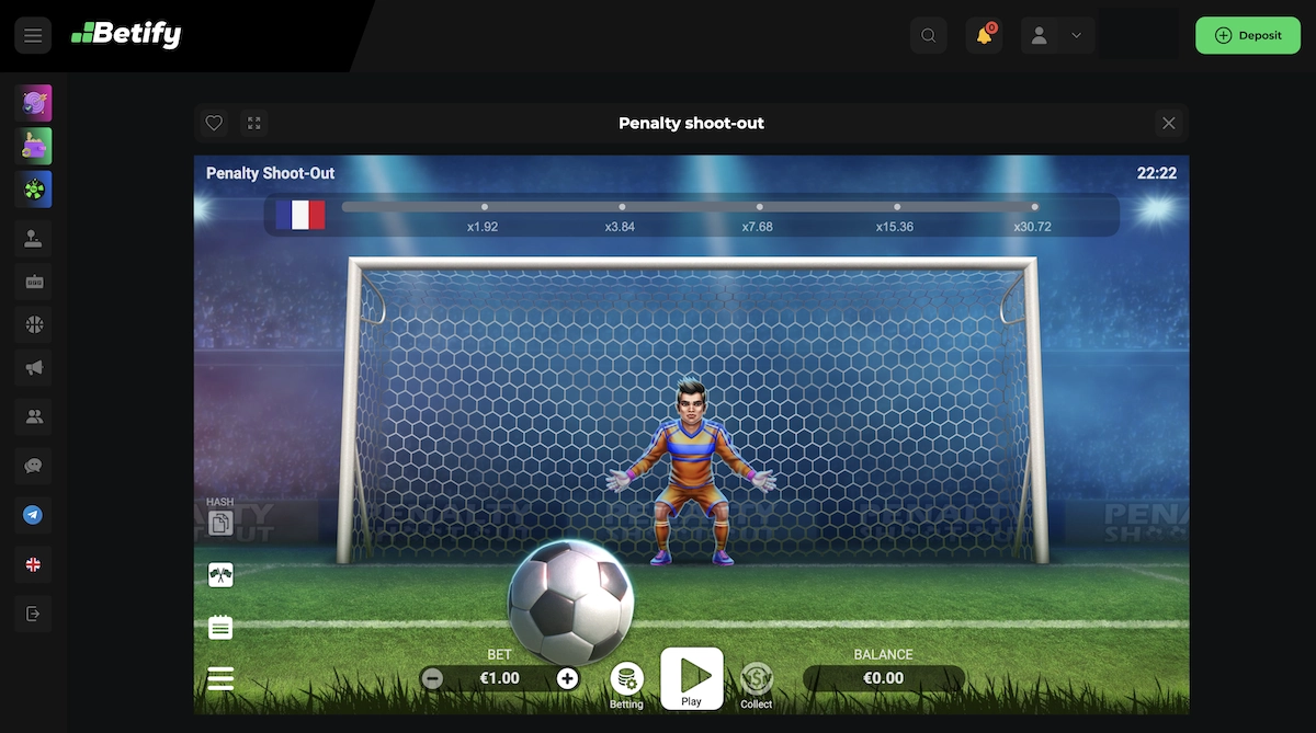 Mini-jeu Penalty Shoot-Out sur Betify Casino montrant un joueur pr&ecirc;t &agrave; tirer un penalty face au gardien de but
