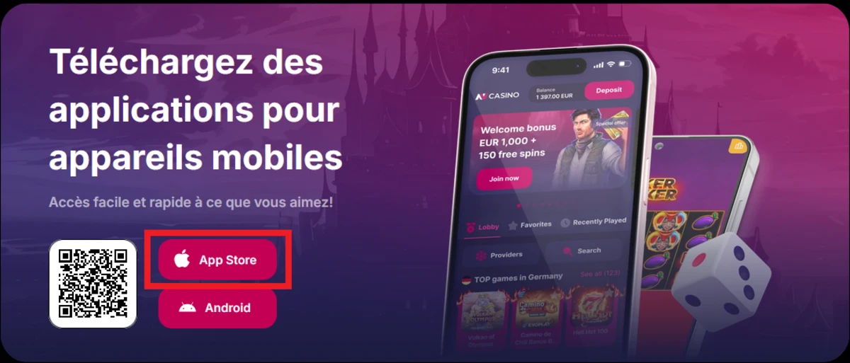Interface mobile d’ACasino montrant l’application avec bonus de bienvenue, QR code de téléchargement et boutons App Store et Android sur fond violet