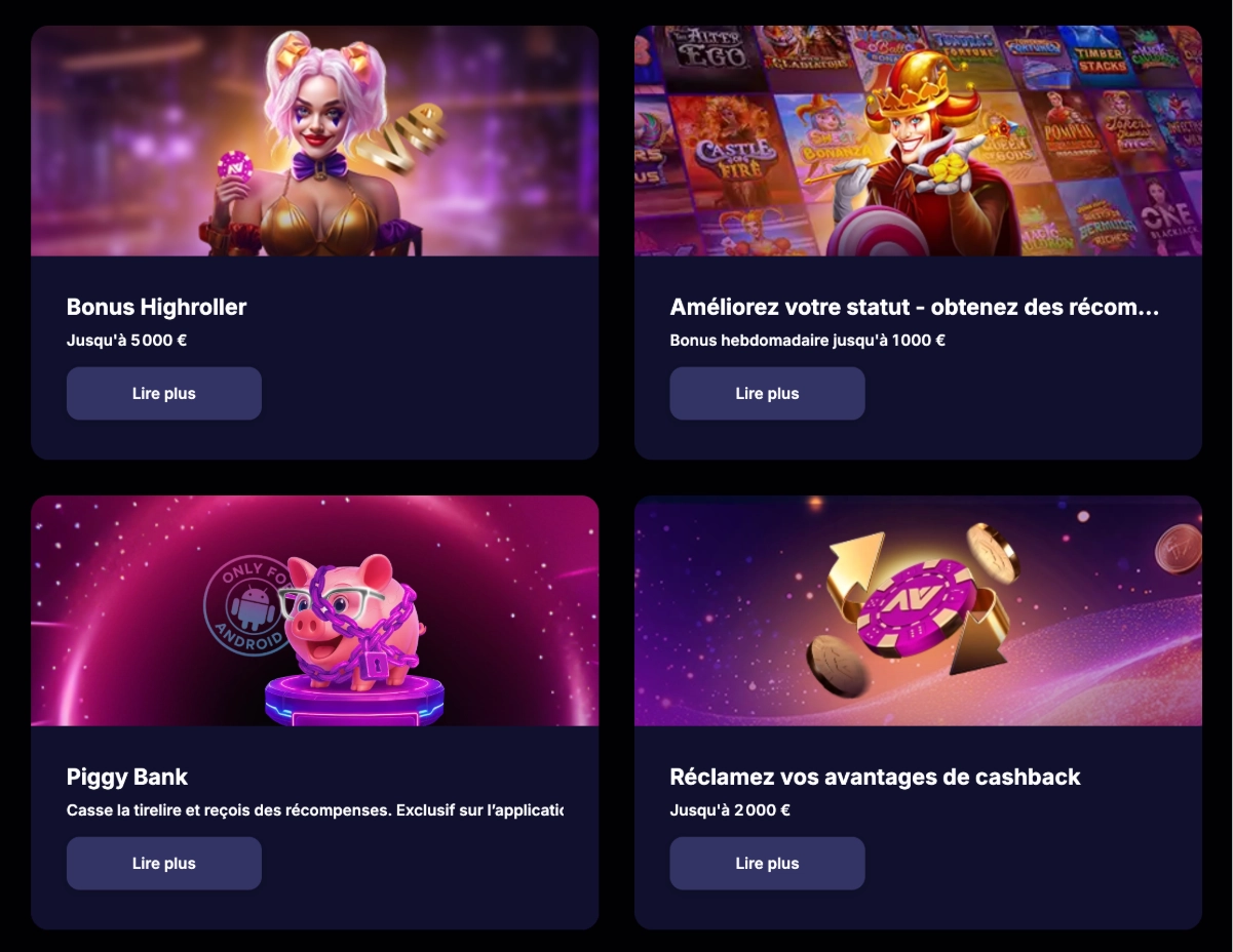 Bloc promotions d’un casino en ligne montrant quatre offres dont bonus Highroller jusqu’à 5 000 €, bonus hebdomadaire jusqu’à 1 000 €, promo Piggy Bank sur application Android et cashback jusqu’à 2 000 €