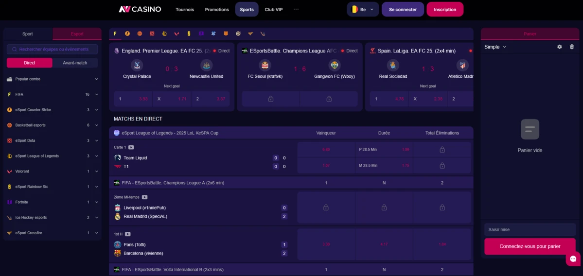 Interface des paris sportifs NV Casino montrant les matchs en direct, les cotes et les menus de navigation sport et e-sport