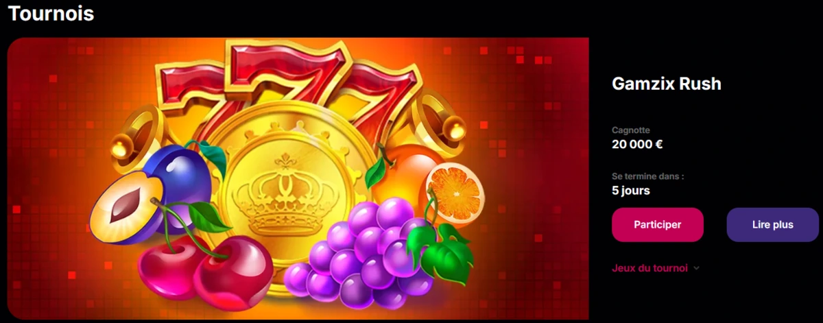 Illustration du tournoi Gamzix Rush sur ACasino avec symboles fruits classiques et un 777 doré affichés devant une cagnotte de 20 000 €
