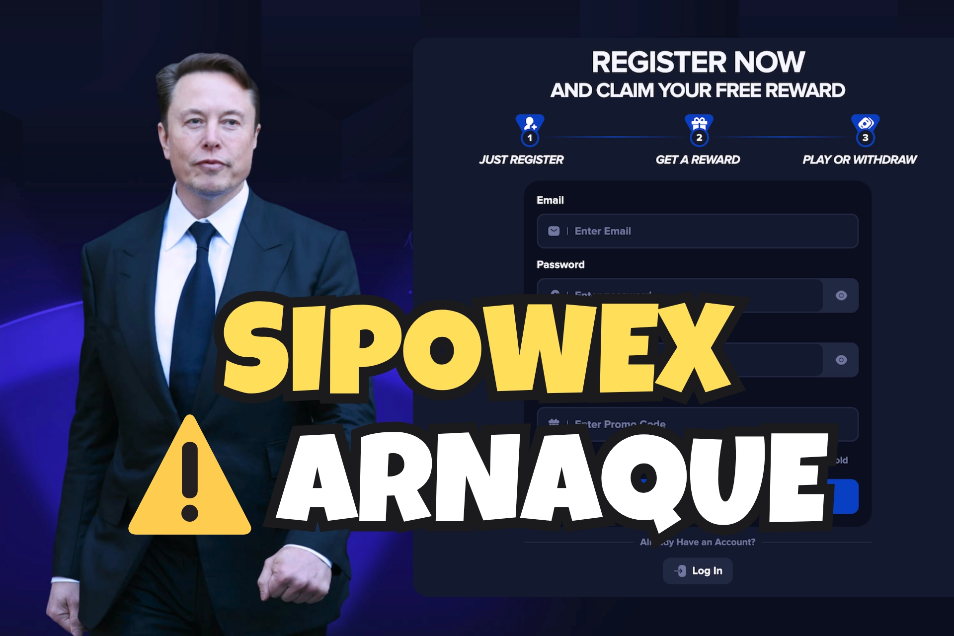 Capture d’écran du faux site Sipowex, un prétendu casino crypto utilisant l’image d’un homme célèbre pour inciter les utilisateurs à s’inscrire et déposer de l’argent avec marqué "Arnaque" pour alerter les joueurs.
