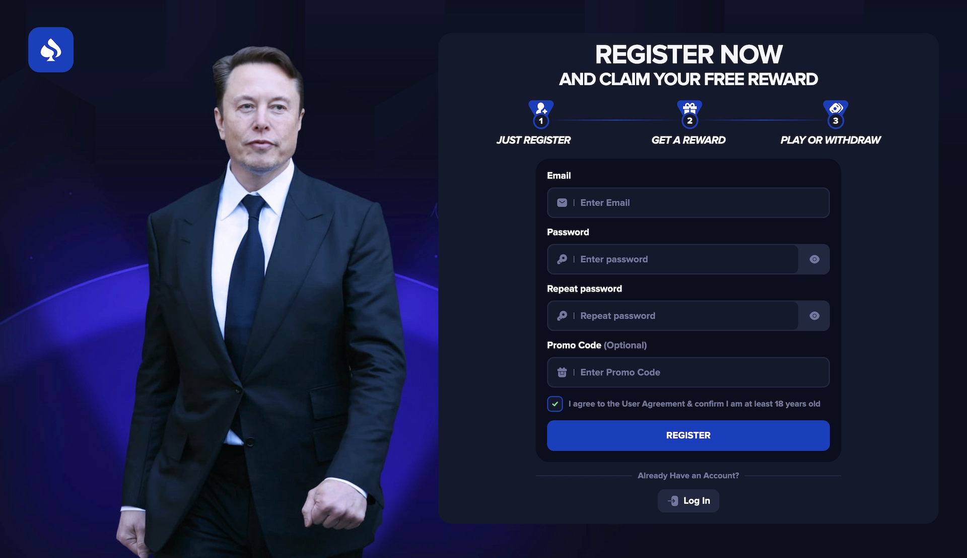Capture d&rsquo;&eacute;cran du faux site Spinowex, un pr&eacute;tendu casino crypto utilisant l&rsquo;image d&rsquo;un homme c&eacute;l&egrave;bre pour inciter les utilisateurs &agrave; s&rsquo;inscrire et d&eacute;poser de l&rsquo;argent.