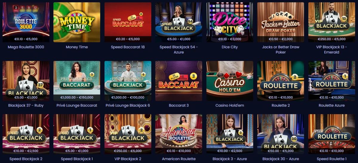 Lobby des jeux en direct de Pampago Casino avec tables de blackjack, roulette, baccarat et poker film&eacute;es en studio