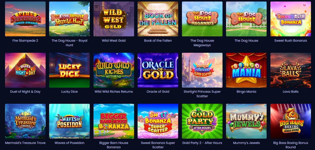 Page des machines &agrave; sous sur Pampago Casino affichant Fire Stampede, The Dog House Megaways, Wild West Gold et Sweet Bonanza