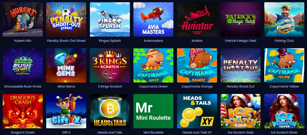 S&eacute;lection de mini-jeux sur Pampago Casino montrant Aviator, Capymania, Penalty Shoot Out et plusieurs jeux instantan&eacute;s color&eacute;s