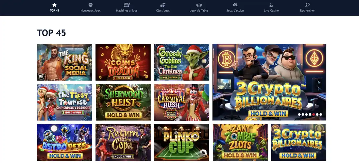 Page &laquo; Top 45 &raquo; des jeux Paris Casino avec s&eacute;lection de machines &agrave; sous populaires (Coins of Dragon, Sherwood Heist, 3 Crypto Billionaires)