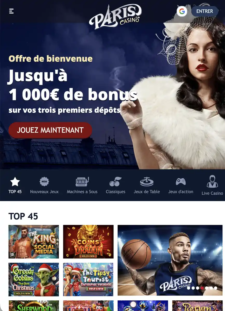 Version mobile Paris Casino affichant l&rsquo;offre de bienvenue 1 000&euro; de bonus et la section &laquo; Top 45 &raquo; des jeux