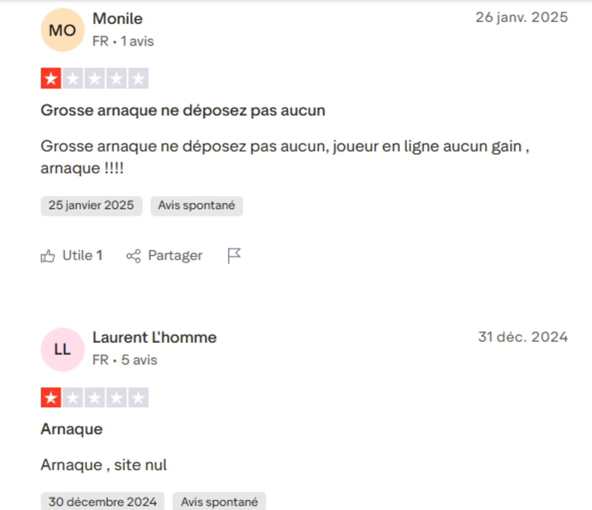 Avis Trustpilot 1 étoile sur Riviera Casino : 'Grosse arnaque ne déposez pas' et 'Arnaque, site nul