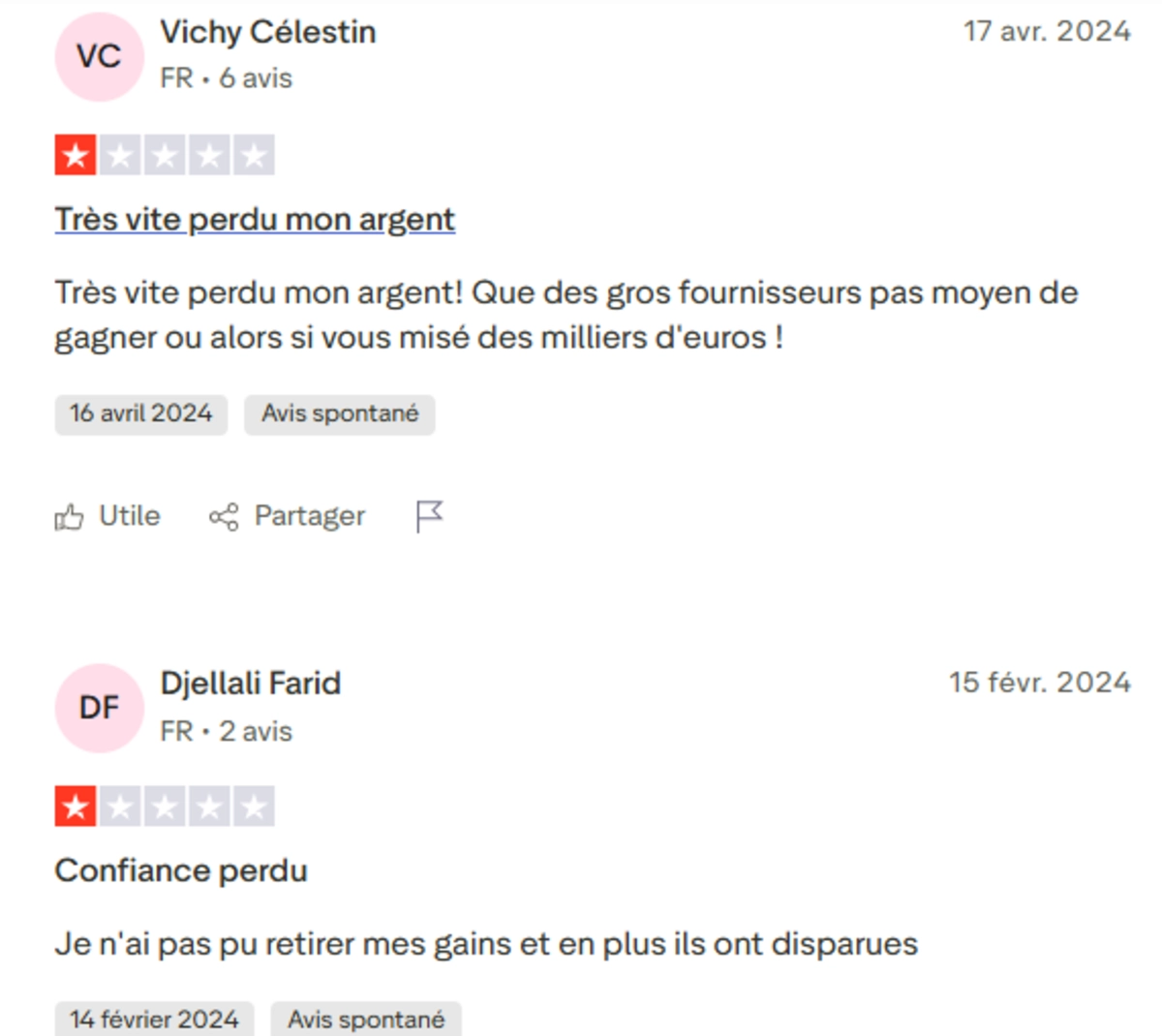 Avis Trustpilot 1 étoile sur Riviera Casino : 'Très vite perdu mon argent' et 'Confiance perdu', mention d’impossibilité de retirer des gains