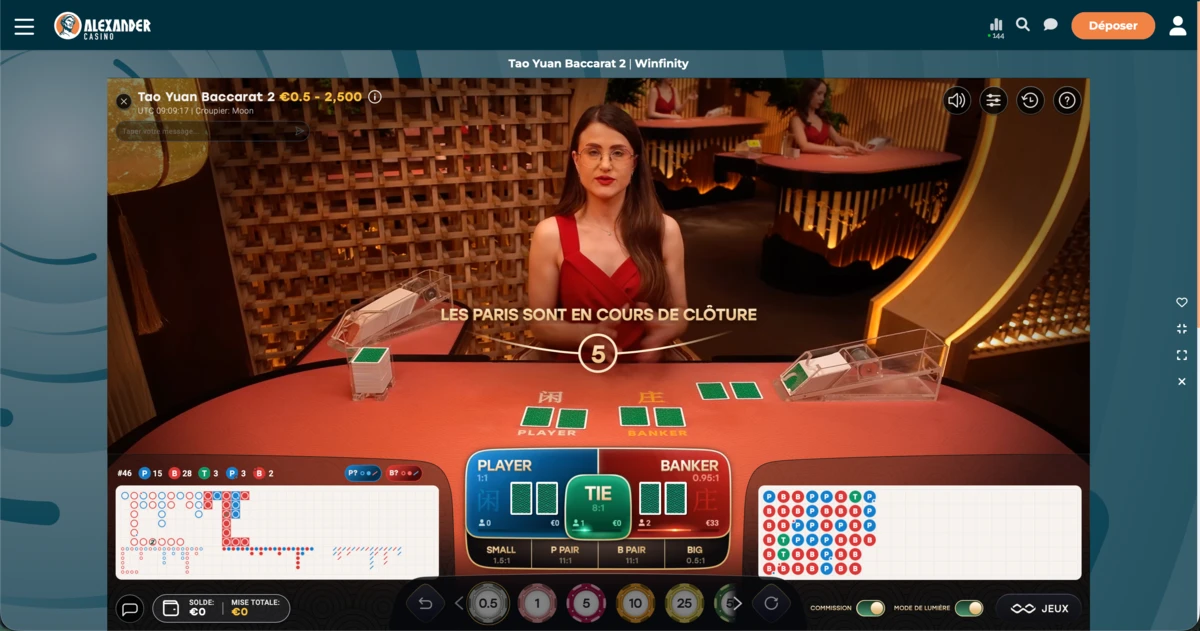 Alexander Casino sexy casino propose Tao Yuan Baccarat en direct avec croupi&egrave;re &eacute;l&eacute;gante et interface moderne immersive.