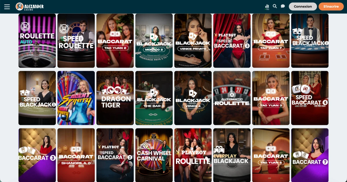 Interface de casino en direct avec croupi&egrave;res &eacute;l&eacute;gantes, jeux roulette et blackjack, ambiance sexy casino moderne.