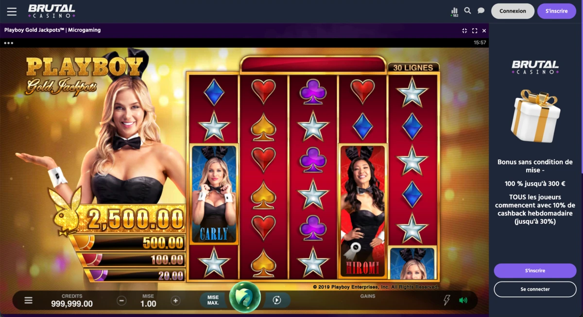 Brutal Casino pr&eacute;sente une machine &agrave; sous Playboy Gold Jackpots avec croupi&egrave;res glamour, rouleaux color&eacute;s et ambiance sexy casino premium.