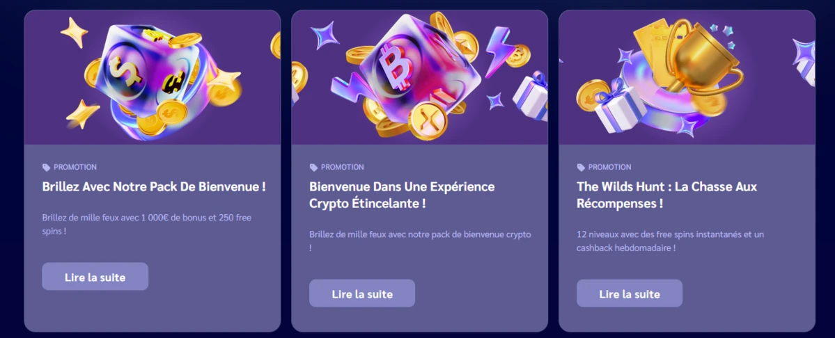 Section promotions de Shiny Wilds Casino avec trois cartes : pack de bienvenue, exp&eacute;rience crypto et The Wilds Hunt.