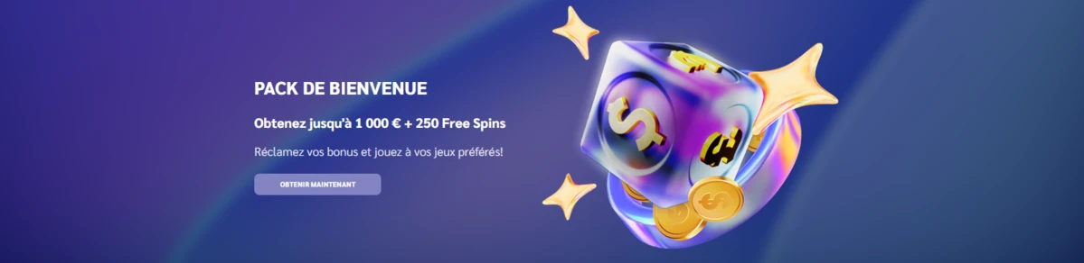 Banni&egrave;re Pack de bienvenue Shiny Wilds : jusqu&rsquo;&agrave; 1 000 &euro; + 250 free spins, visuel de d&eacute; et pi&egrave;ces.