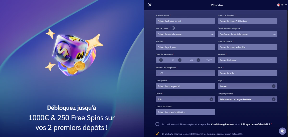 Page d&rsquo;inscription Shiny Wilds avec formulaire (email, mot de passe, adresse, etc.) et promo 1000 &euro; + 250 free spins.