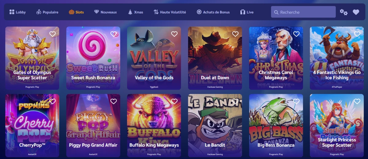 Page machines &agrave; sous Shiny Wilds montrant une grille de jeux (Gates of Olympus, Sweet Bonanza, Valley of the Gods, etc.).