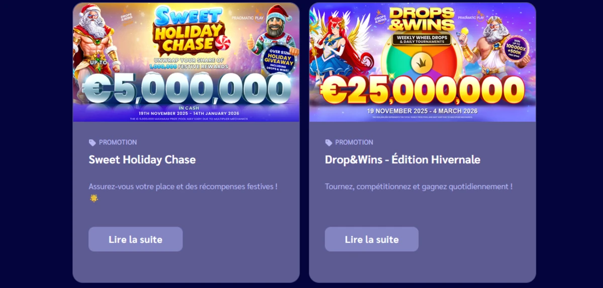 Deux cartes de promotions tournois Shiny Wilds : Sweet Holiday Chase (5 000 000 &euro;) et Drops & Wins (2 500 000 &euro;)