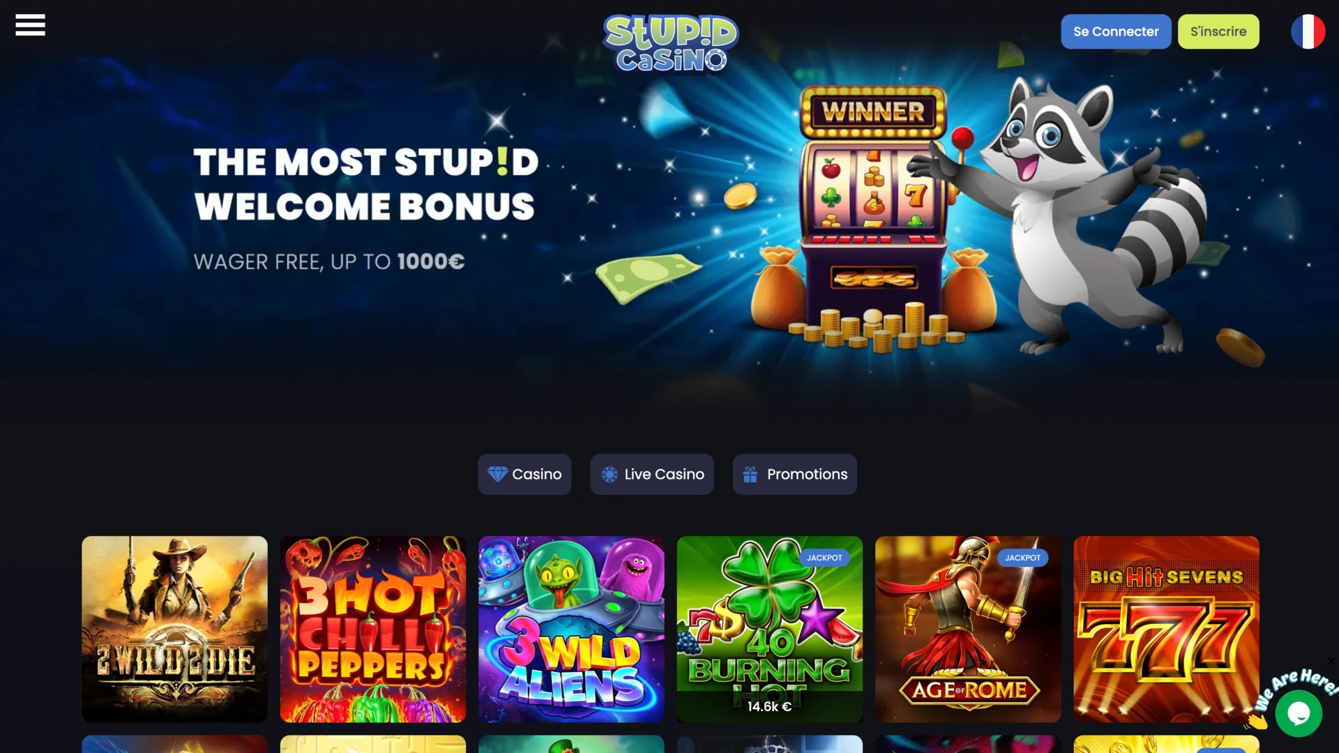 Page d&rsquo;accueil de Stupid Casino affichant le bonus sans wager jusqu&rsquo;&agrave; 1 000 &euro;, mascotte raton laveur et s&eacute;lection de machines &agrave; sous