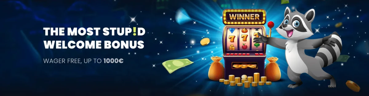 Banni&egrave;re du bonus de bienvenue sur Stupid Casino avec machine &agrave; sous gagnante et mascotte raton laveur