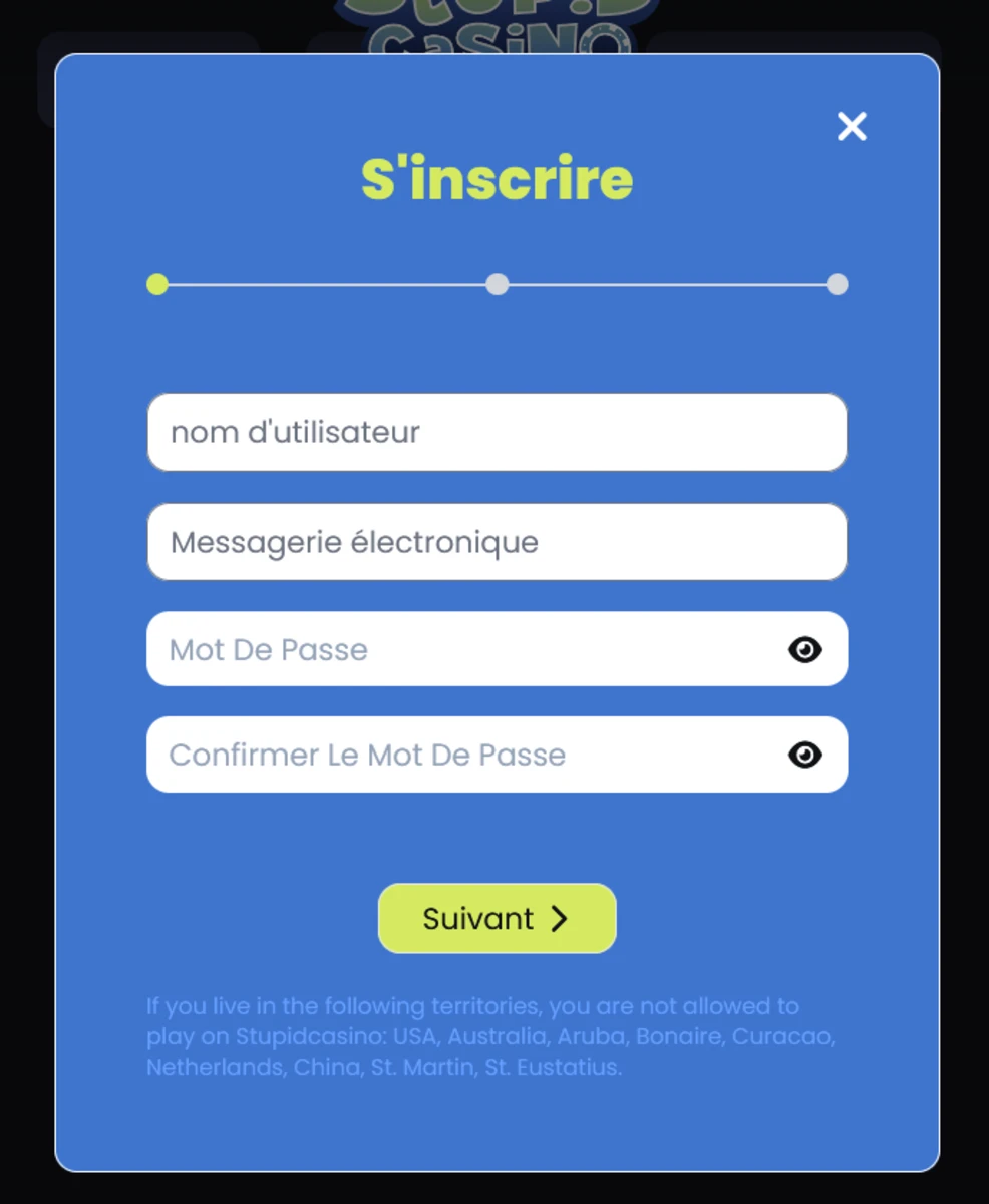 Formulaire d&rsquo;inscription sur Stupid Casino affichant les champs email mot de passe et cr&eacute;ation de compte