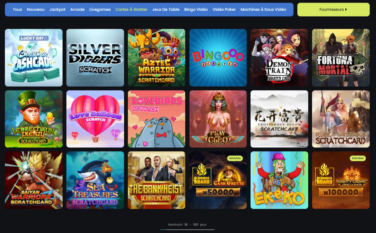 Page des jeux &agrave; gratter sur Stupid Casino affichant plusieurs cartes de scratch color&eacute;es avec diff&eacute;rents th&egrave;mes et jackpots potentiels visibles