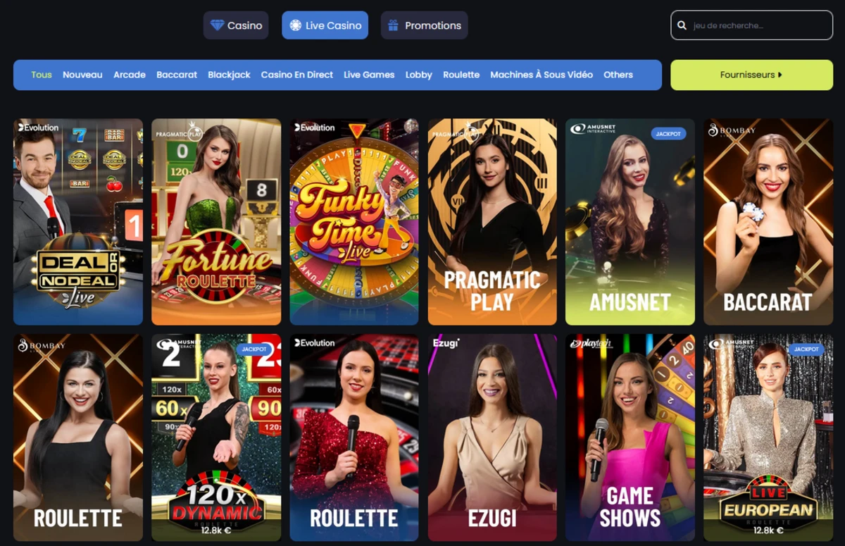 Section casino en direct de Stupid Casino montrant des tables de roulette blackjack et game shows live