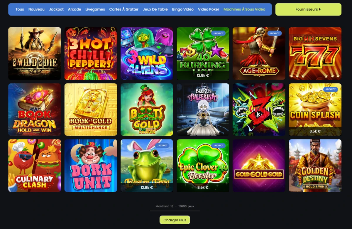 Page des machines &agrave; sous sur Stupid Casino avec jackpots visibles et s&eacute;lection de slots r&eacute;centes